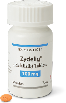 Bottle of ZYDELIG® (idelalisib) 100 mg tablets.